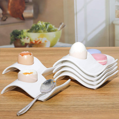 Egg Cups for Soft Boiled Eggs - Ceramic Egg Holder with 6 + 1 Egg Topper Cutter for Breakfast