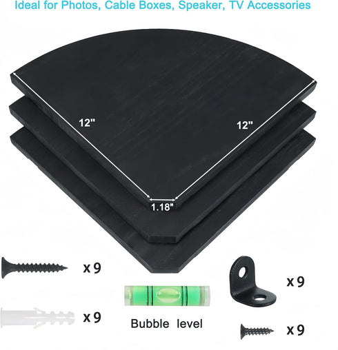 12 inch Set 2 (Black-12 inch) JORIKCHUO Corner Shelf, of Solid Wood Corner Floating Shelves for Wall, Round End Wall