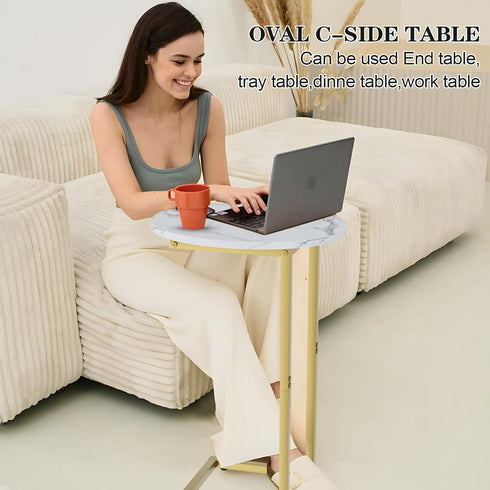 Katrawu C Shaped End Table, Oval Couch Side Tables for Living Room, Sofa End Table with Metal Frame, Small Wooden Snack