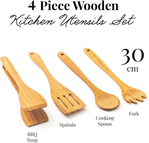 tuuli Kitchen 4-Piece Wooden Cooking Utensils Set, Durable Solid Cherry Wood (Spoon, Fork, Spatula, BBQ Tongs)