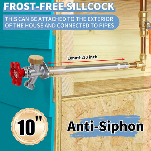 10inch 1/2" 3/4'' Boltigen Anti-Siphon Frost Free Sillcock, No Lead Brass Frost Proof Outdoor Water Faucet, Push-to-Fit
