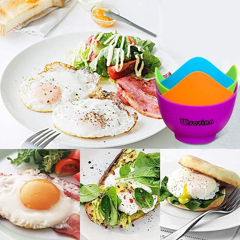 Poached Egg Cooker, Silicone Egg Poacher Cups with Ring Standers, Non Stick for Microwave Stovetop Air Fryer, 4 Pack