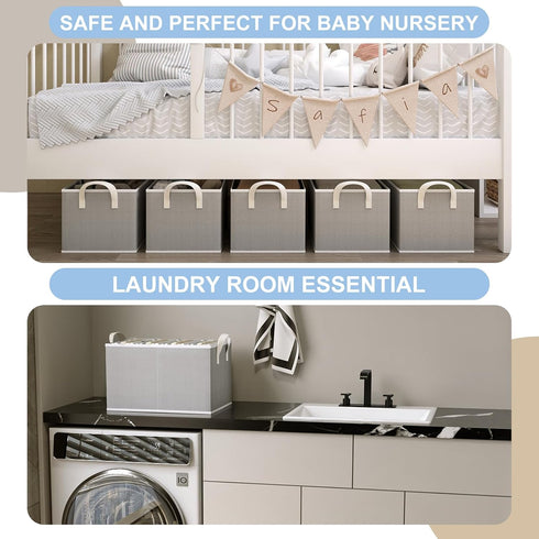 Storage Bins for Shelves, 3-Pack Medium Linen Organizers and Collapsible Baskets with Handles for Bedroom, Gray
