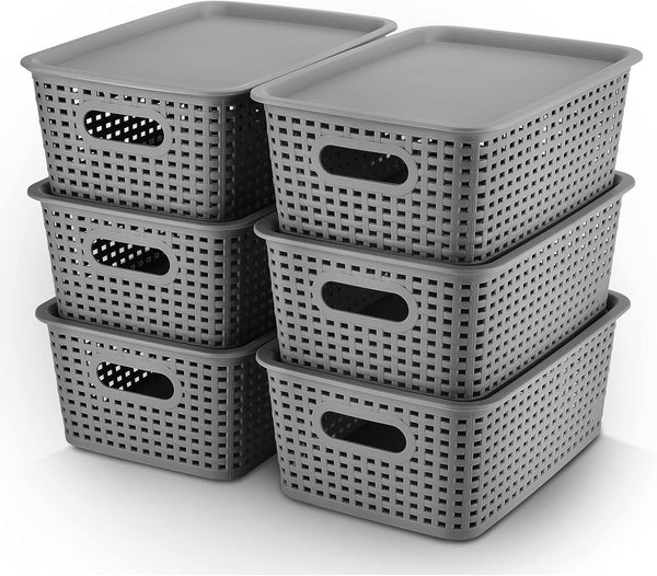 AREYZIN Plastic Storage Baskets with Lid, 6 Pack Organizing Containers for Shelves, Drawers, and Desktop