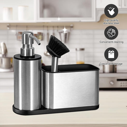Kitchen Dish Soap Dispensers, Stainless Steel Sink Organizer with Storage and Brush for Countertop