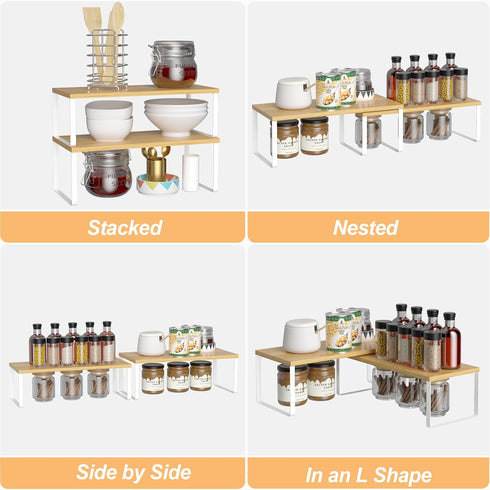 Set 2 Counter NEX Bamboo Cabinet Organizer Shelf, of Kitchen Shelves, Spice Rack, Stackable Kitchen Shelves Organizer