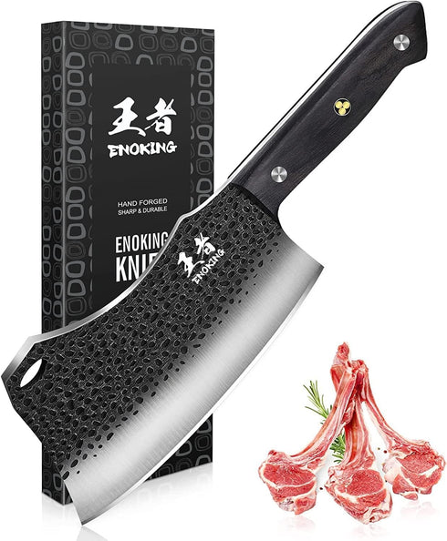 ENOKING Hand Forged Cleaver Knife, German High Carbon Stainless Steel Butcher Knife for Meat Cutting, Full Tang