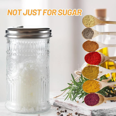 Wongblee 12oz, Glass Sugar Shaker Dispenser Stainless Steel Flip Top Lid for Easy Pouring, Sugar Pourer for Sugar