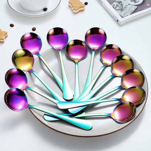 Rainbow Soup Spoon of 12, Berglander 7.5" Stainless Steel Titanium Plating Shiny Mutilcolor Round Spoons Silverware, Colorful Table Spoon Table Spoon Set Sturdy Easy To Clean, Dishwasher Safe