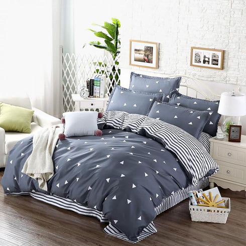 3 Pieces Duvet Cover Set, Blue Gray with White Triangles, Queen Size 90x90 with 2 Pillow Shams