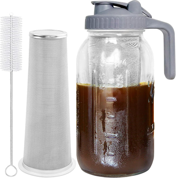 Cold Brew Coffee Maker Jar - 64oz Thick Glass Mason Pitcher with Spout Lid, Handle & Stainless Steel Filter