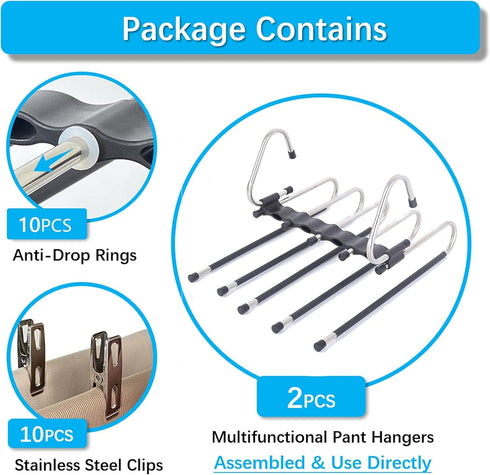 Magic Pants Hangers Space Saving - 2 Pack for Closet, Multifunctional Rack Organizer for Trousers, Scarves, Slack