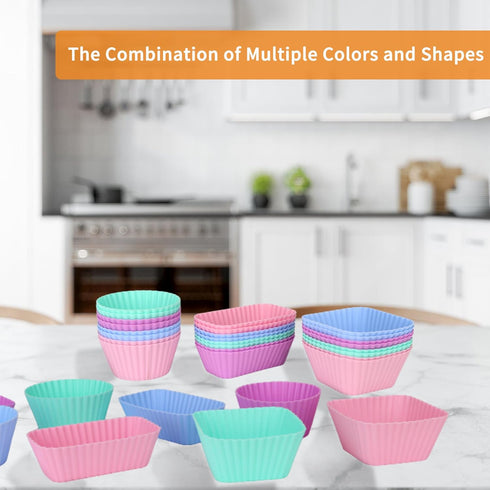 24 pcs Silicone Cupcake Baking Cups, Reusable Non-Stick Liners for Muffins, Pastry Cake Molds in 3 Shapes Multicolor