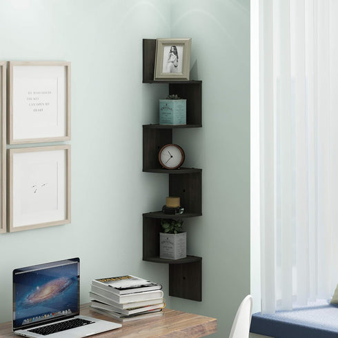 5-Tier Furinno ROSSI Floating Book Shelves for Wall, Zigzag Corner Shelf Wall Mounted, Radial Corner Floating Shelf