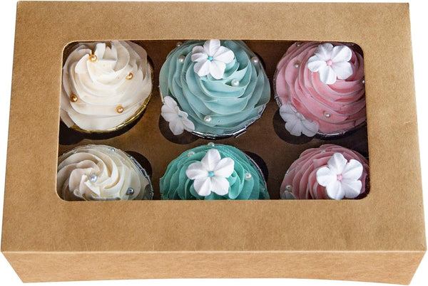 ONE MORE Cupcake Boxes with Inserts, 6 Holders, 9.5x6.3x3inch Large Brown Kraft Bakery Boxes with Window, Pack of 15