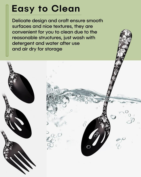 Stapava 5PCS Black Serving Utensils Set, Stainless Steel Flatware with Large Serving Spoon, Dishwasher Safe