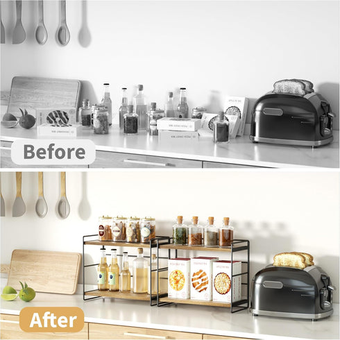 SRIWATANA Bathroom Countertop Organizer Set of 2, Kitchen Counter Shelf Spice Rack for Desktop Storage, Large Wood