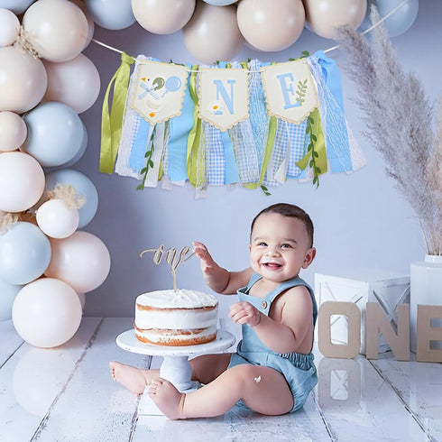 1st One Silly Goose High Chair Banner - Rustic Blue Ribbon Tassel Garland, NO DIY Required, Birthday Decoration