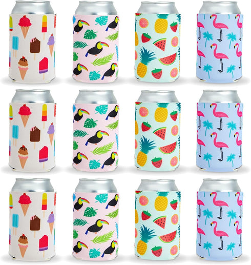BLUE PANDA Neoprene Can Cooler Sleeves - 12-Pack Summer Gift for Teacher, 4 Tropical Designs, Fits 12 Oz