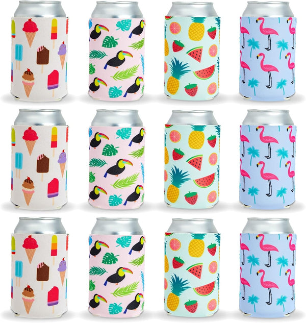 BLUE PANDA Neoprene Can Cooler Sleeves - 12-Pack Summer Gift for Teacher, 4 Tropical Designs, Fits 12 Oz