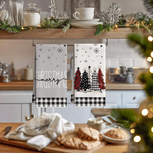 18x26 Inch Set 4 Artoid Mode Black Xmas Tree Snowman Merry Christmas Kitchen Towels, Quick Dry Microfiber Cloth Dish