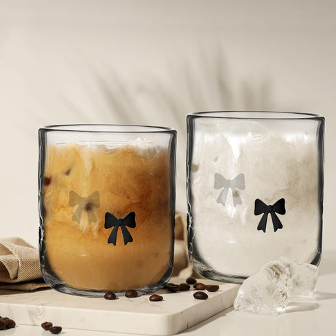 2 Pack 14 oz Stemless Skylety Bow Icon Juice Glasses, Glass Cups, Coquette Black Bow Juice Cocktail Wine Coffee