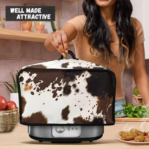 Brown Cow Print Slow Cooker Dust Cover with Side Mesh Pocket, Dustproof Protector for 6, 7 or 8 Quart Crock Pots