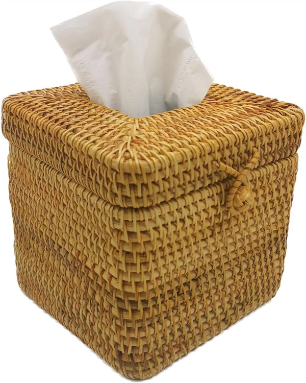 Decorative Square Rattan Tissue Box and Condiment Organizer, 6"x6" Napkin Holder for Dining Table