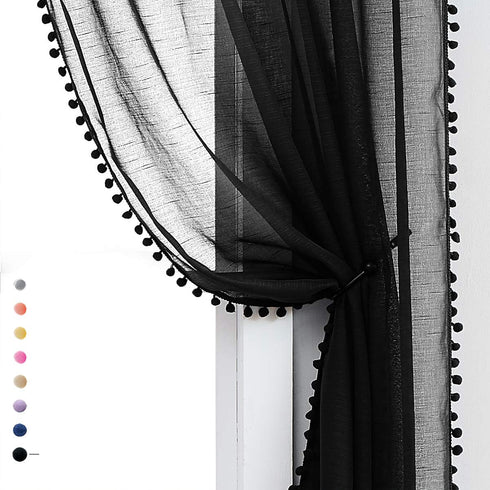 Treatmentex Black Pom Pom Sheer Curtains for Bedroom, 63" Linen Texture Decorative Voile Panels (2 Pack)