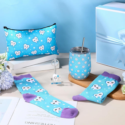 Sliner 4 Pcs Dental Assistant Gifts for Women, Cute 12 oz Teeth Tumbler, Cosmetic Bag, Keychain, and Socks