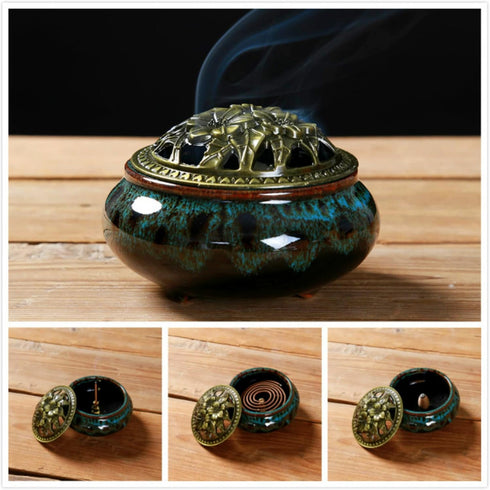 Ceramic Incense Burner with Stick Holder + Insulation for Stick or Coil Incense, Sage Cones, Frankincense (Fambe Blue)