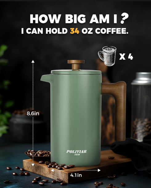 34 oz POLIVIAR French Press Coffee Maker, Coffee Press with Real Wood Handle, Double Wall Insulation & Dual-Filter