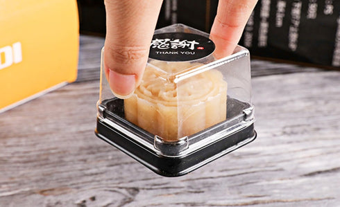 50g Mooncake Packaging Clear Plastic Macaron Containers with Labels, Ideal for Mini Muffins, Set of 50 (Square Black)
