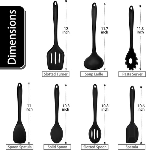 Kitchen Cooking Utensils Set of 7, P&P CHEF Heat-proof Cooking Utensil Kitchen Spatula for Nonstick Cookware Cooking Serving, Slotted Turner, Soup Ladle, Spatula, Pasta Server, Spoon - Black by P&P CHEF