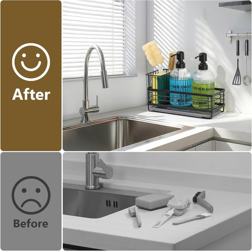 Set, 14OZ 304 Set Shinowa Kitchen Dish Soap Dispenser Glass Bottle with Rustproof Stainless Steel Sponge Holder
