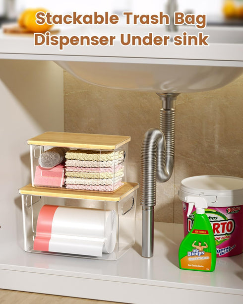 2 Pack, 4-33 Trash Bag Dispenser Stackable Trash Bag Holder with Bamboo Lid Clear Plastic Garbage Bag Organizer for Gal
