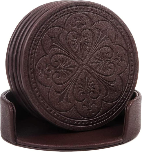 Set 6 Drink Coasters,PU Leather Bar Beer Beverage Coaster for Drinks of with Holder Coasters for Wooden Table Coffee