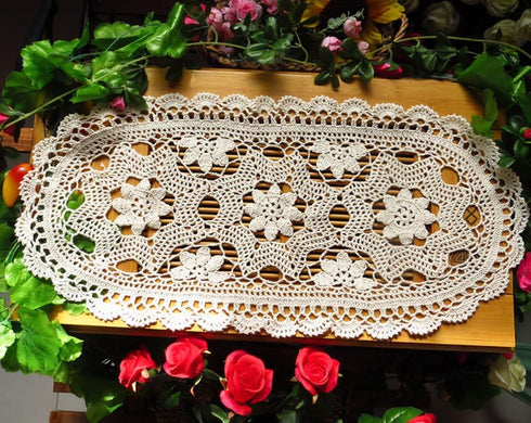 Laivigo Handmade Crochet Lace Oval Lucky Flower Tablecloth Table Runner Doilies, 12x24 Inch, Beige