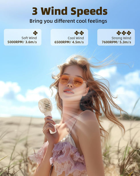 Mini Handheld Fan, Powerful 3 Speed USB Rechargeable Fan, Cute Design Battery Operated Personal Fan for Girls
