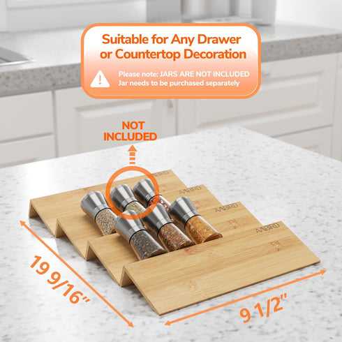 Mat,4 9.5'',Seasoning Kitchen,Cabinet,Drawers,Countertop AMBIRD Bamboo Spice Drawer Organizer with Non-slip Tier Jar