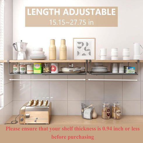 Expandable Under Cabinet Shelf with 6.5 Inch Long Clips for Pantry, Laundry Room, Shoe Shelf - Black, 1 Pack, 5.12" H x