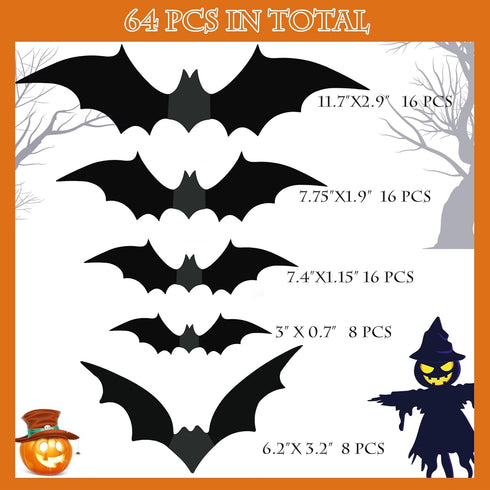 TDHDIKE 64 Pcs Halloween Decorations Black Bats Wall Decor, Reusable PVC 3D Stickers for Indoor Outdoor Party Decor