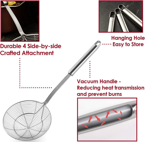 Stainless Steel Spider Strainer Skimmer Spoon Set of 3, Solid Wire Asian Ladle Pasta Strainer with Long Handle