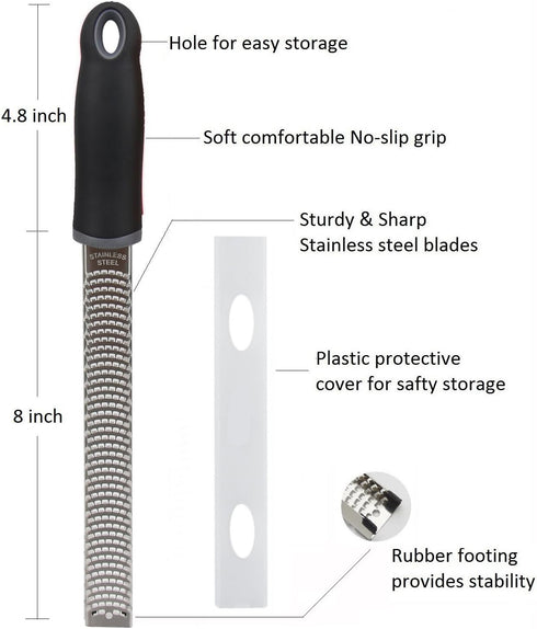 Lemon Zester - Stainless Steel Kitchen Cheese Grater with Plastic Cover and Ergonomic Soft Black Handle