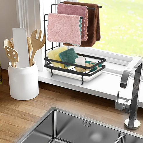 JUXYES Kitchen Sink Caddy Sponge Holder with Dishcloth Drying Rack, Storage Organizer for Kitchen Countertop, Black