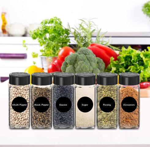 12 Pack Glass Spice Jars with Labels, 4oz Containers with Black Shaker Lids, Empty Spice Bottles, Silicone Funnel and