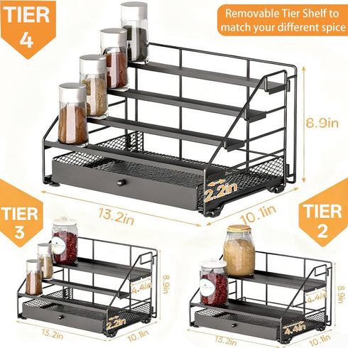 4 Countertop, DTUQYX Spice Rack Organizer for Cabinet: Tier Adjustable Spice Rack Organization with Drawer, Depth Metal