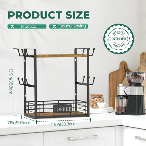 EsLuker.ly 2 Tier Coffee Bar Organizer, Multi-functional Countertop Shelf with 12 Hooks for Home Office