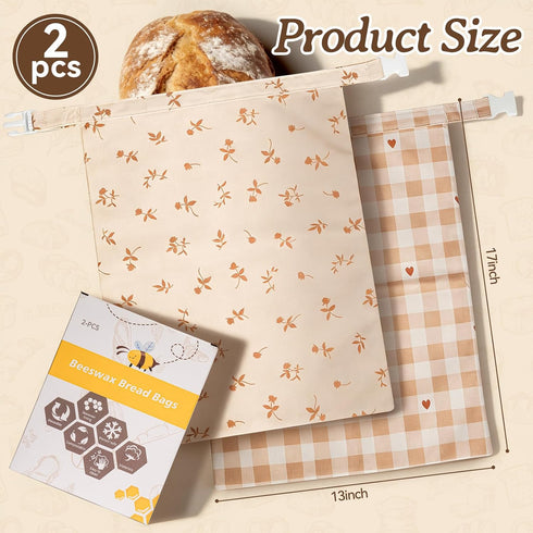 2 Beeswax Bread Bags for Sourdough, pcs Reusable Beeswax Bread Bags for Homemade Sourdough, XL Cotton and Linen Food