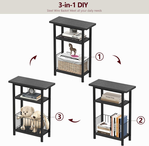 25.2" HET004BK1 Heybly Small Narrow Side Table for Small Space, Thin Bedside Table with Storage Basket, Skinny End